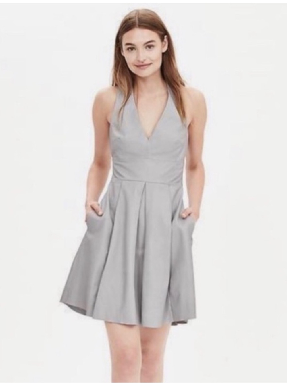 Banana Republic BR Monogram Light Gray V-Neck Leather Pleated Mini Dress